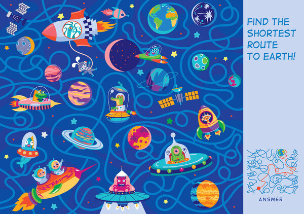 Помогите детям астронавты найти кратчайший путь к Земле. Веселый лабиринт для детей. Векторная иллюстрация. Персонажи мультфильмов