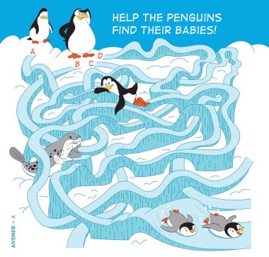  Penguenlerin yavrularını bulmalarına yardım et. Hangi buzlu yolu seçmelisin? Çocuklar için vektör labirent. Komik çizgi film karakterleri.