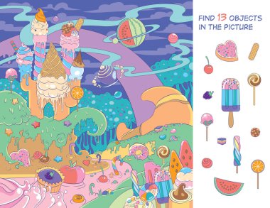 Fairytale Land of Candies. Find 13 hidden objects in the picture. Hidden Object Puzzle. Vector Illustration clipart