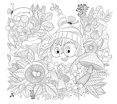 Açıklıkta mantar toplayan bir kız. Çocuklar için eğlenceli boyama kitabı. Vektör illüstrasyonu