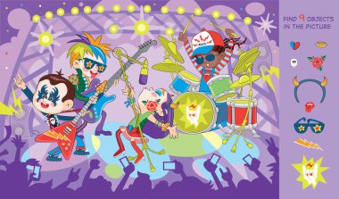 Children rock musicians on stage! Find 9 objects in the picture. Educational game for children. Cartoon vector illustration clipart