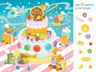 Find 13 objects in the picture. Hidden Object Puzzle. Funny characters built a big sweet birthday cake. Vector illustration clipart