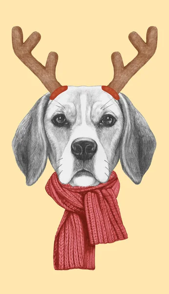 Retrato Beagle Con Cuernos Navidad Ilustración Dibujada Mano —  Fotos de Stock