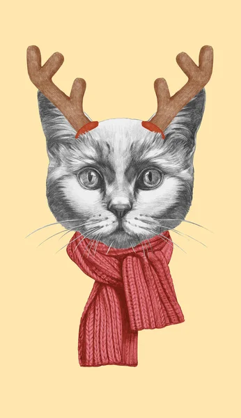Портрет Британского Короткошерстного Кота Рождественскими Рогами Ручная Иллюстрация — стоковое фото