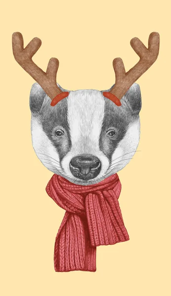 Portret Van Badger Met Kerstgeweien Handgetekende Illustratie — Stockfoto
