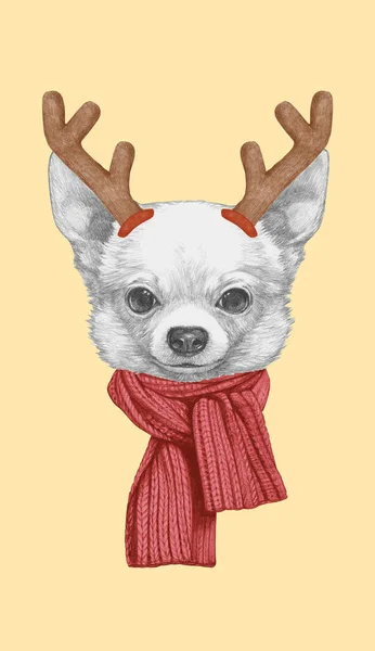 Retrato Chihuahua Con Cuernos Navidad Ilustración Dibujada Mano —  Fotos de Stock