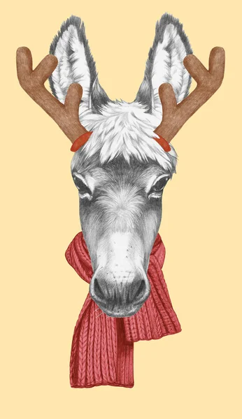 Retrato Burro Con Cuernos Navidad Ilustración Dibujada Mano — Foto de Stock