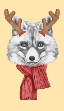 Noel Boynuzlu Tilki 'nin Portresi. El çizimi illüstrasyon.