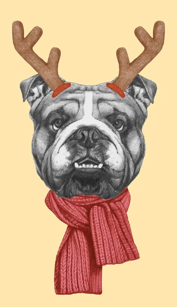 Porträt Einer Englischen Bulldogge Mit Weihnachtsgeweih Handgezeichnete Illustration — Stockfoto