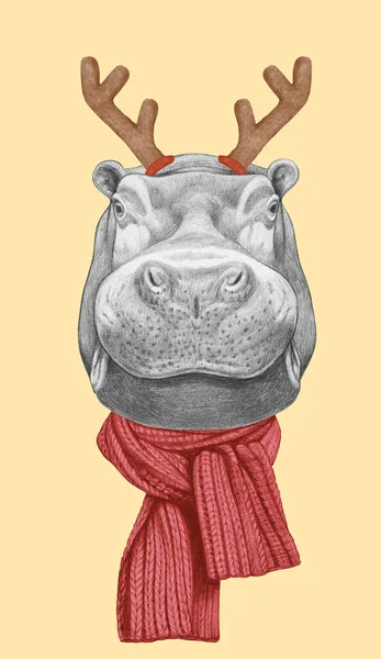 Retrato Hipopótamo Com Chifres Natal Ilustração Desenhada Mão — Fotografia de Stock