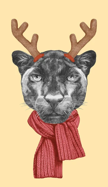 Porträt Eines Panthers Mit Weihnachtsgeweihen Handgezeichnete Illustration — Stockfoto
