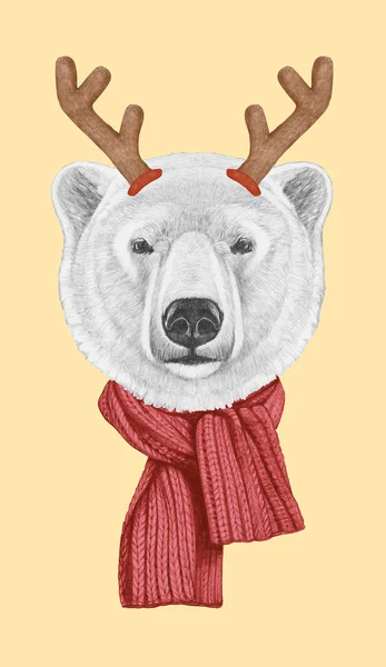 Portret Niedźwiedzia Polarnego Rogami Świątecznymi Ilustracja Ręcznie Rysowana — Zdjęcie stockowe
