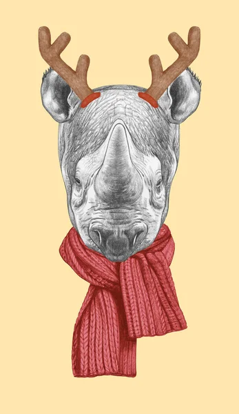 Porträt Eines Nashorns Mit Weihnachtsgeweihen Handgezeichnete Illustration — Stockfoto