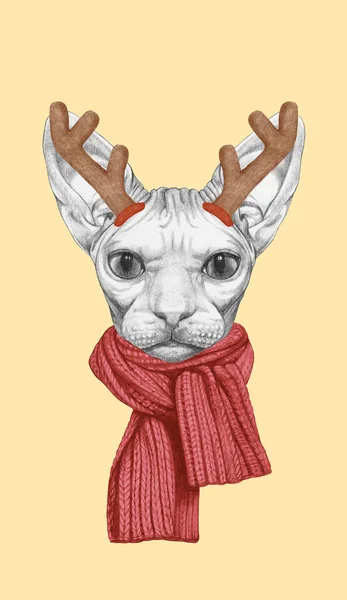 Retrato Gato Esfinge Con Cuernos Navidad Ilustración Dibujada Mano —  Fotos de Stock