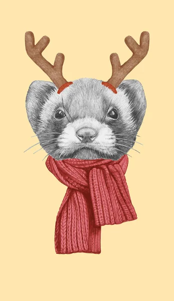 Portrait Von Least Wiesel Mit Weihnachtsgeweihen Handgezeichnete Illustration — Stockfoto