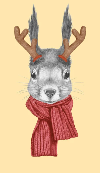 带有圣诞鹿角的松鼠的肖像 手绘插图 — 图库照片