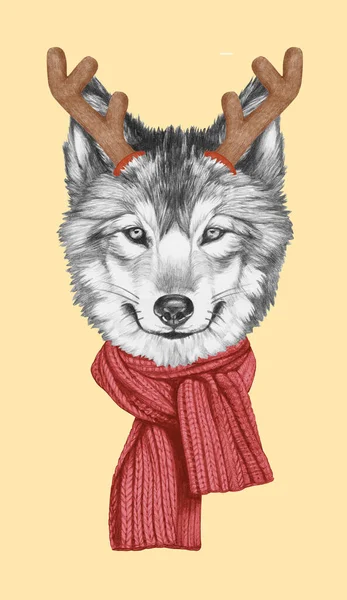 Portrait of Wolf with Christmas Antlers. Hand-drawn illustration.