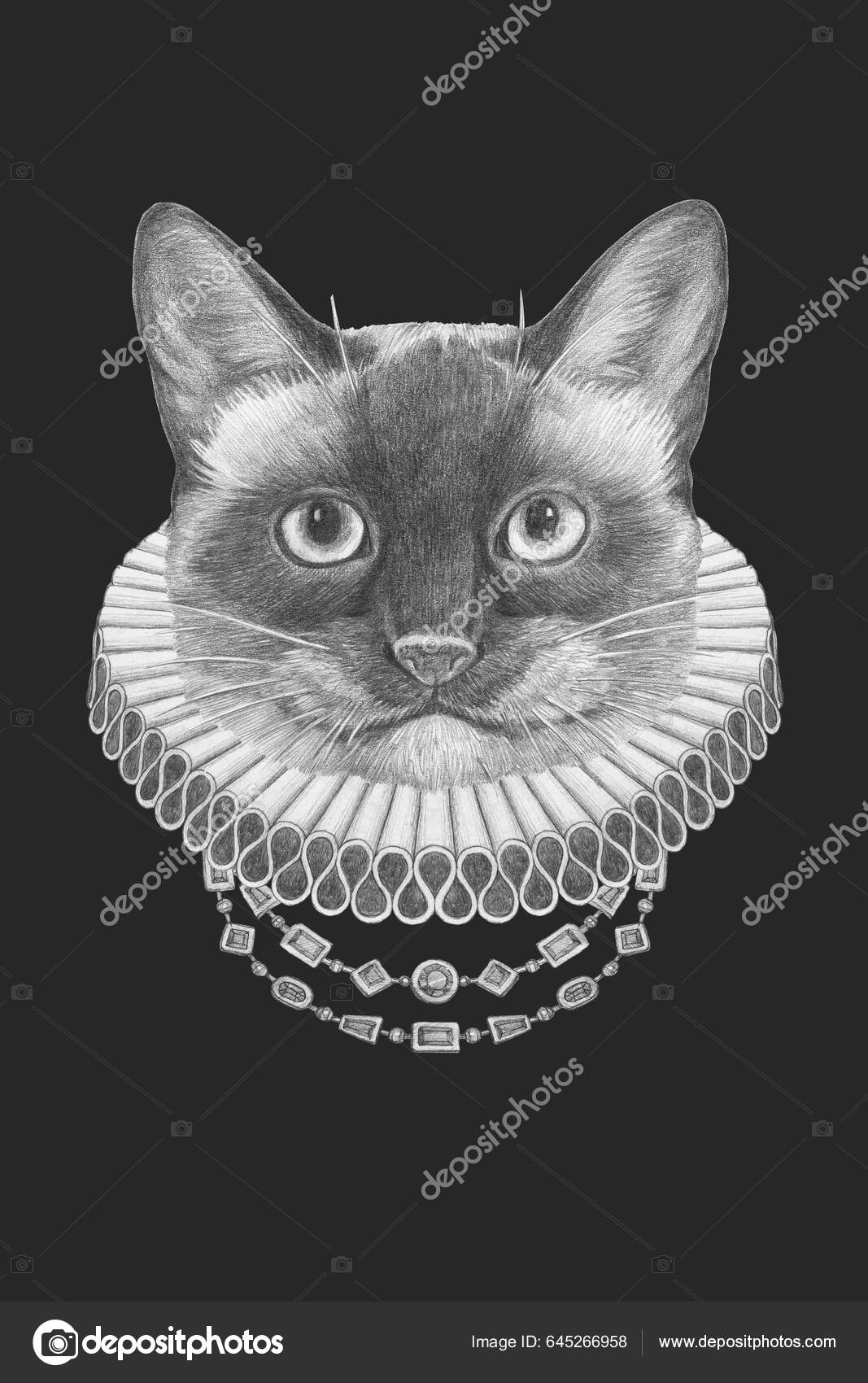 Portrait Siamese Cat Elizabethan Collar Hand Drawn Illustration Stock