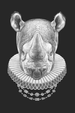 Gergedan portresi ve Elizabeth dönemi tasması. El çizimi illüstrasyon