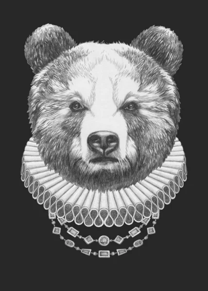 Retrato Urso Castanho Com Colarinho Elisabetano Ilustração Desenhada Mão — Fotografia de Stock