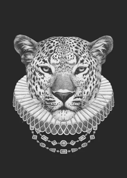 Portret Leoparda Elżbietańskim Kołnierzem Ilustracja Ręcznie Rysowana — Zdjęcie stockowe