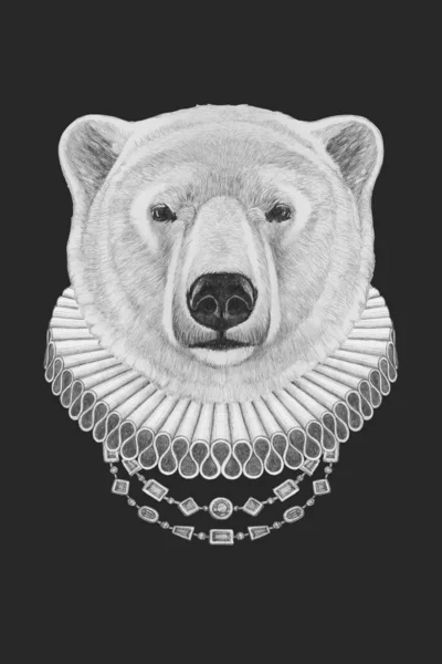 Portret Niedźwiedzia Polarnego Elżbietańskim Kołnierzem Ilustracja Ręcznie Rysowana — Zdjęcie stockowe