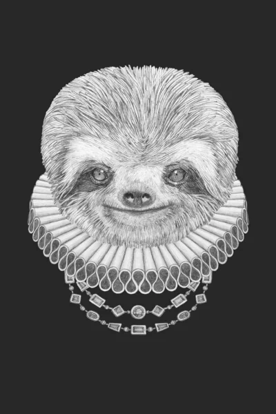 Portrait Sloth Elizabethan Collar Hand Drawn Illustration — Stock Photo, Image