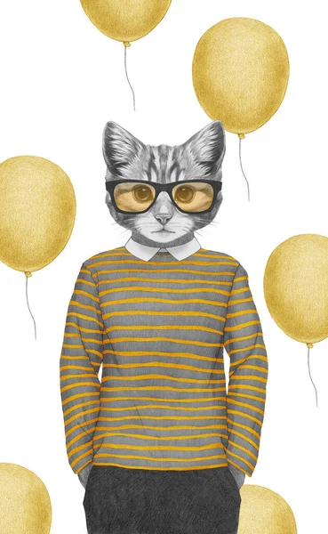 Porträt Eines Kätzchens Gestreiftem Top Mit Brille Handgezeichnete Illustration Digital — Stockfoto