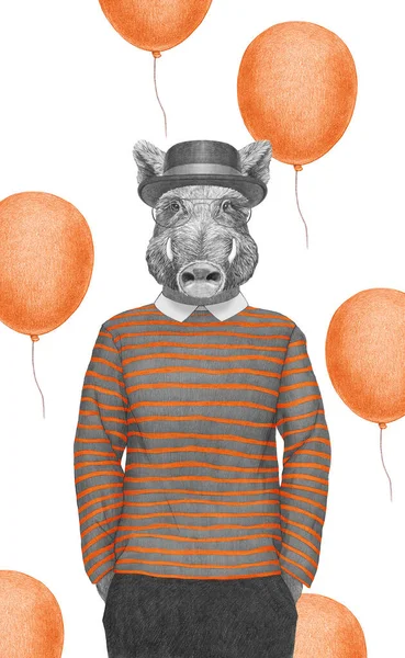 猪的肖像 头戴条纹 头戴眼镜 头戴帽子 手绘插图 数字彩色 — 图库照片
