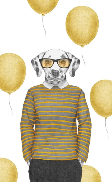 Porträtt Dalmatien Randig Topp Med Glasögon Handritad Illustration Digitalt Färgad — Stockfoto
