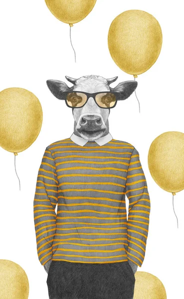 Retrato Vaca Top Listrado Com Óculos Ilustração Desenhada Mão Colorida — Fotografia de Stock