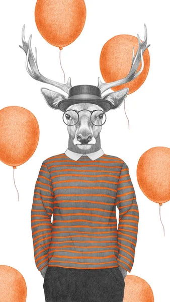 Portrait Deer Striped Top Glasses Hat Hand Drawn Illustration Digitally — Stock Photo, Image
