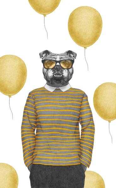 Πορτρέτο Του Αγγλικού Bulldog Ριγέ Top Γυαλιά Χειροποίητη Απεικόνιση Ψηφιακού — Φωτογραφία Αρχείου