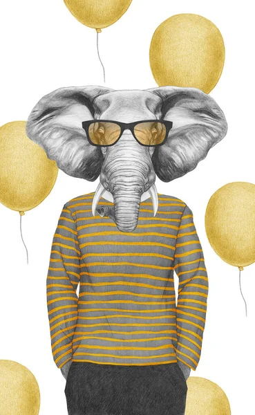 眼鏡をかけた縞模様の上に象の肖像 手描きのイラスト デジタルカラー — ストック写真