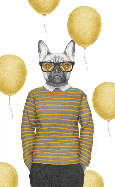 Porträt Einer Französischen Bulldogge Mit Gestreiftem Oberteil Und Brille Handgezeichnete — Stockfoto