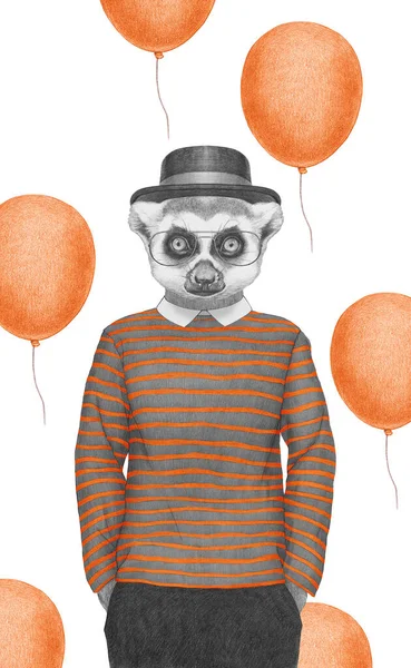 Porträtt Lemur Randig Topp Med Glasögon Och Hatt Handritad Illustration — Stockfoto