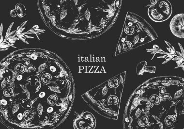 Geleneksel İtalyan mutfağı. Geleneksel İtalyan yemekleri ve ürünlerinin el çizimi. Mürekkep.