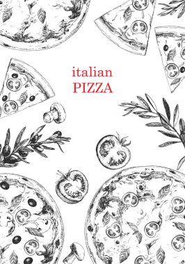 Geleneksel İtalyan mutfağı. Geleneksel İtalyan yemekleri ve ürünlerinin el çizimi. Mürekkep.