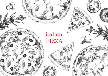 Geleneksel İtalyan mutfağı. Geleneksel İtalyan yemekleri ve ürünlerinin el çizimi. Mürekkep.