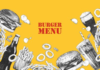 Burger Menüsü. Tabak ve ürünlerin el çizimi çizimi. Mürekkep. Vektör