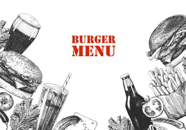 Burger Menüsü. Tabak ve ürünlerin el çizimi çizimi. Mürekkep. Vektör