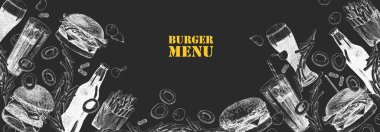 Burger Menüsü. Tabak ve ürünlerin el çizimi çizimi. Mürekkep. Vektör