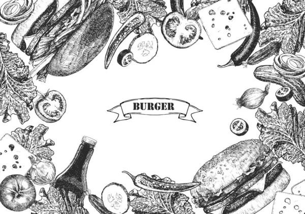 Меню Бургери Мальовані Вручну Ілюстрації Посуду Продуктів Чорнило Векторні — стоковий вектор