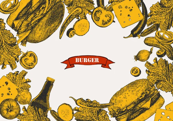 Burger Menu Illustrazione Disegnata Mano Piatti Prodotti Inchiostro Vettore — Vettoriale Stock