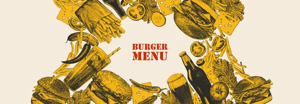 Burger Menü Handgezeichnete Illustration Von Gerichten Und Produkten Tinte Vektor — Stockvektor