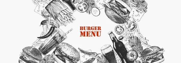 Burger Menu Hand Drawn Illustration Dishes Products Ink Vector — Stock Vector