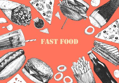 Fast Food Menüsü. Tabak ve ürünlerin el çizimi çizimi. Mürekkep. Vektör