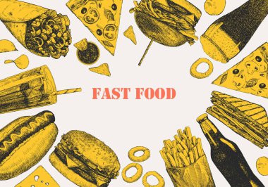 Fast Food Menüsü. Tabak ve ürünlerin el çizimi çizimi. Mürekkep. Vektör