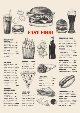 Fast Food Menüsü. Tabak ve ürünlerin el çizimi çizimi. Mürekkep. Vektör