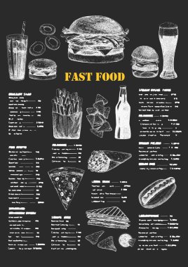 Fast Food Menüsü. Tabak ve ürünlerin el çizimi çizimi. Mürekkep. Vektör